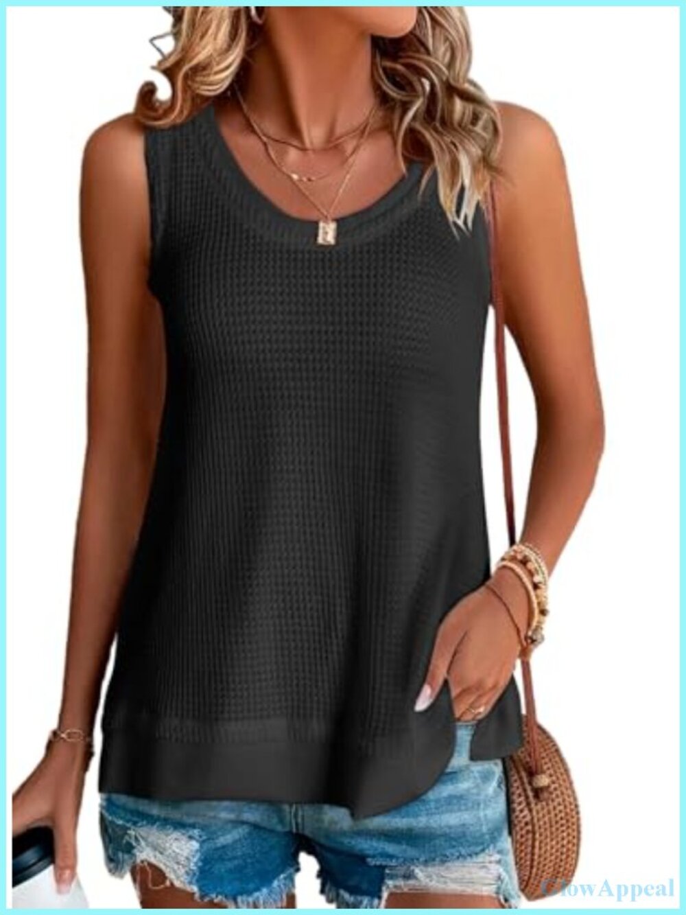 Women's Sleeveless Waffle Knit Tank Top Scoop Neck Loose Fit Casual